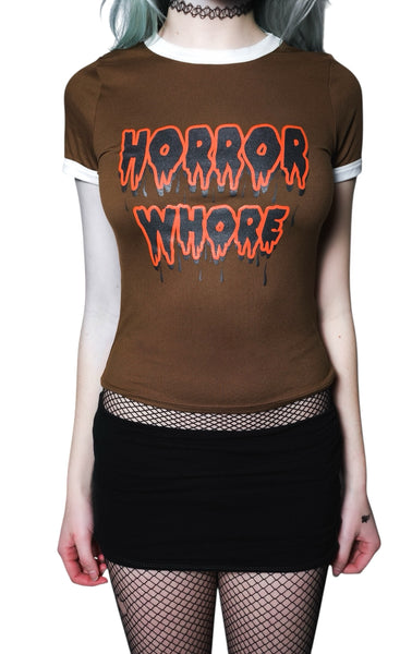 buy japanese whore fish nets Horror Whore Ringer Tee (Brown)