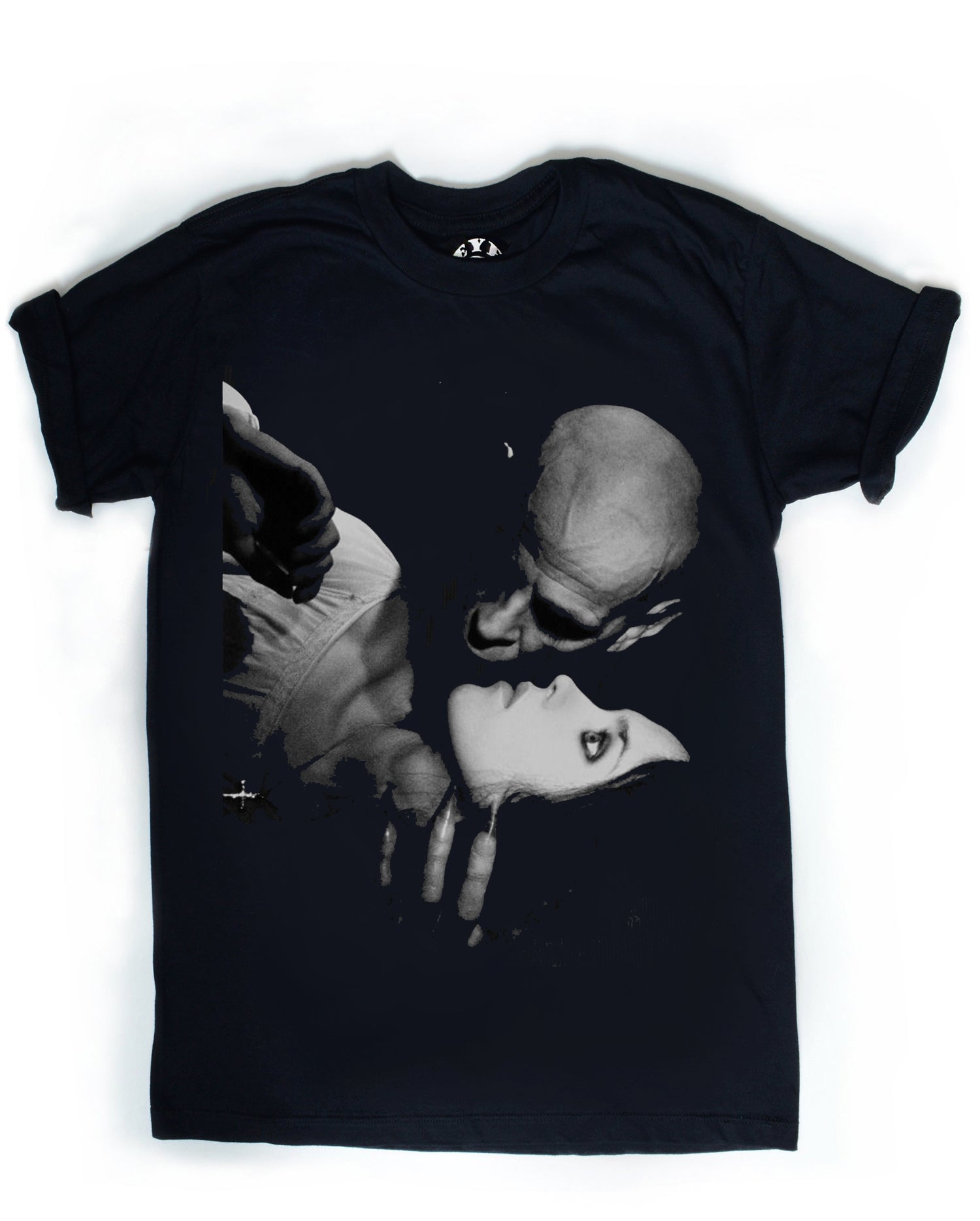 Black t-shirt with a graphic design of a skull and a face on a white background