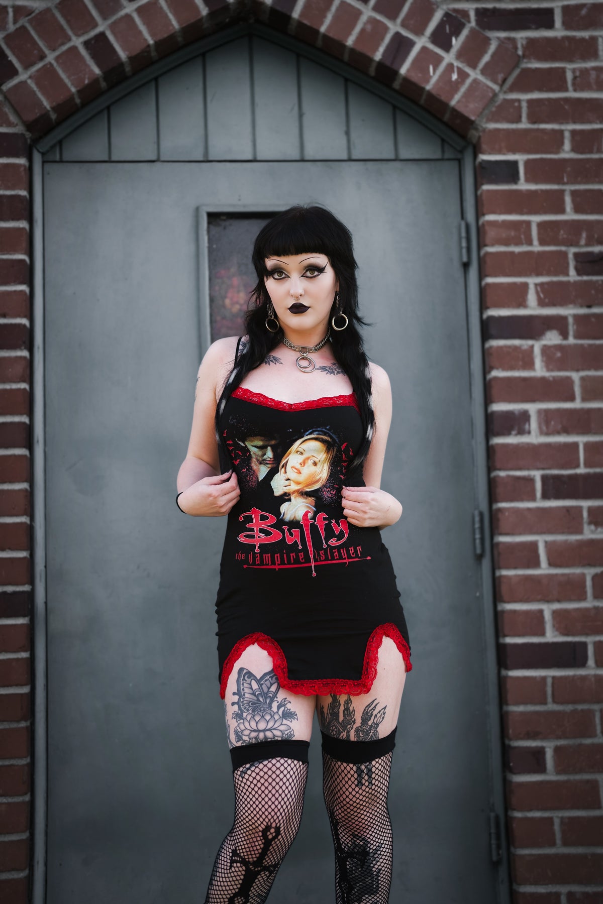 Buffy Red Slit Red Lace Dress