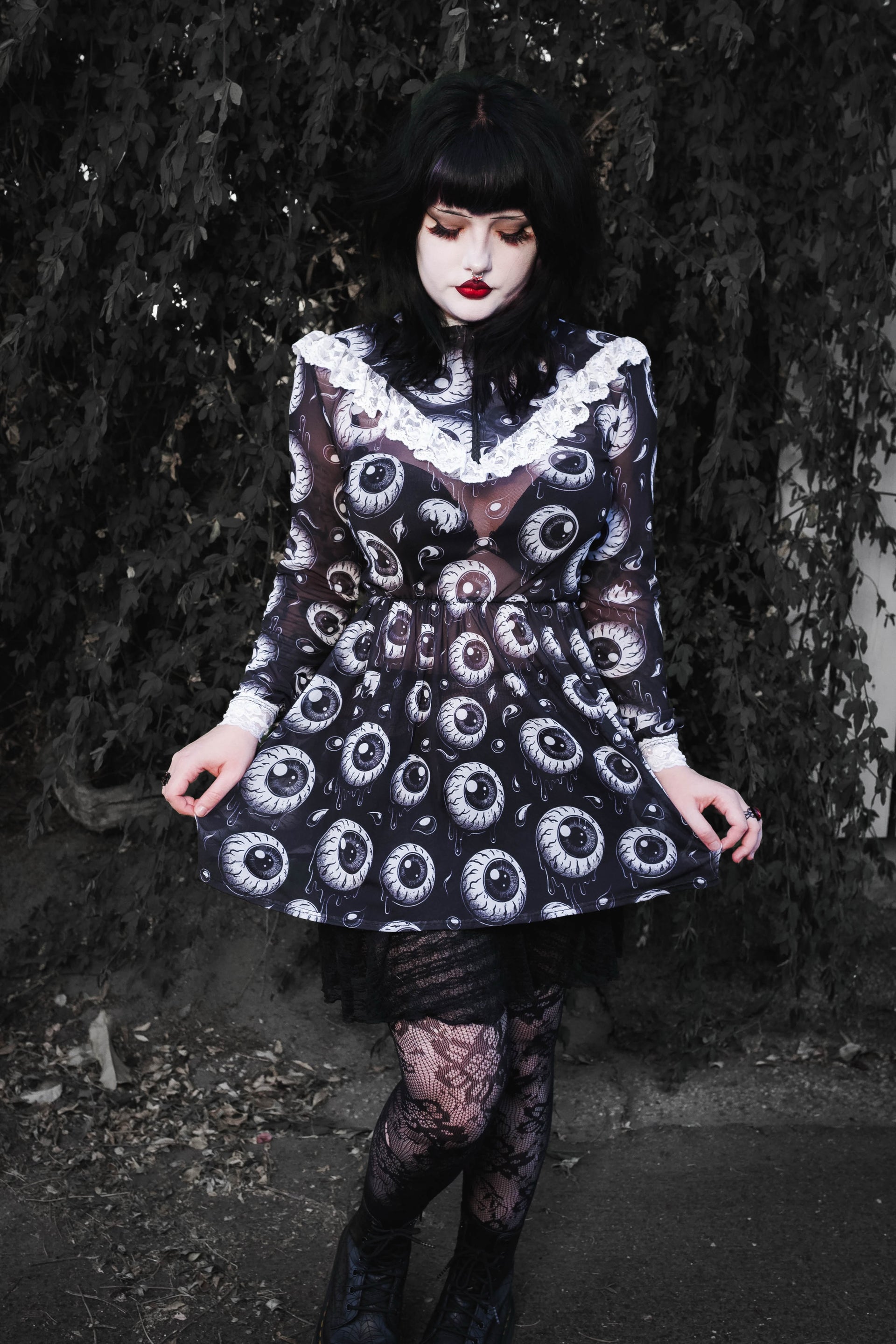 Eyeballs Print Victorian Lace Dress, M