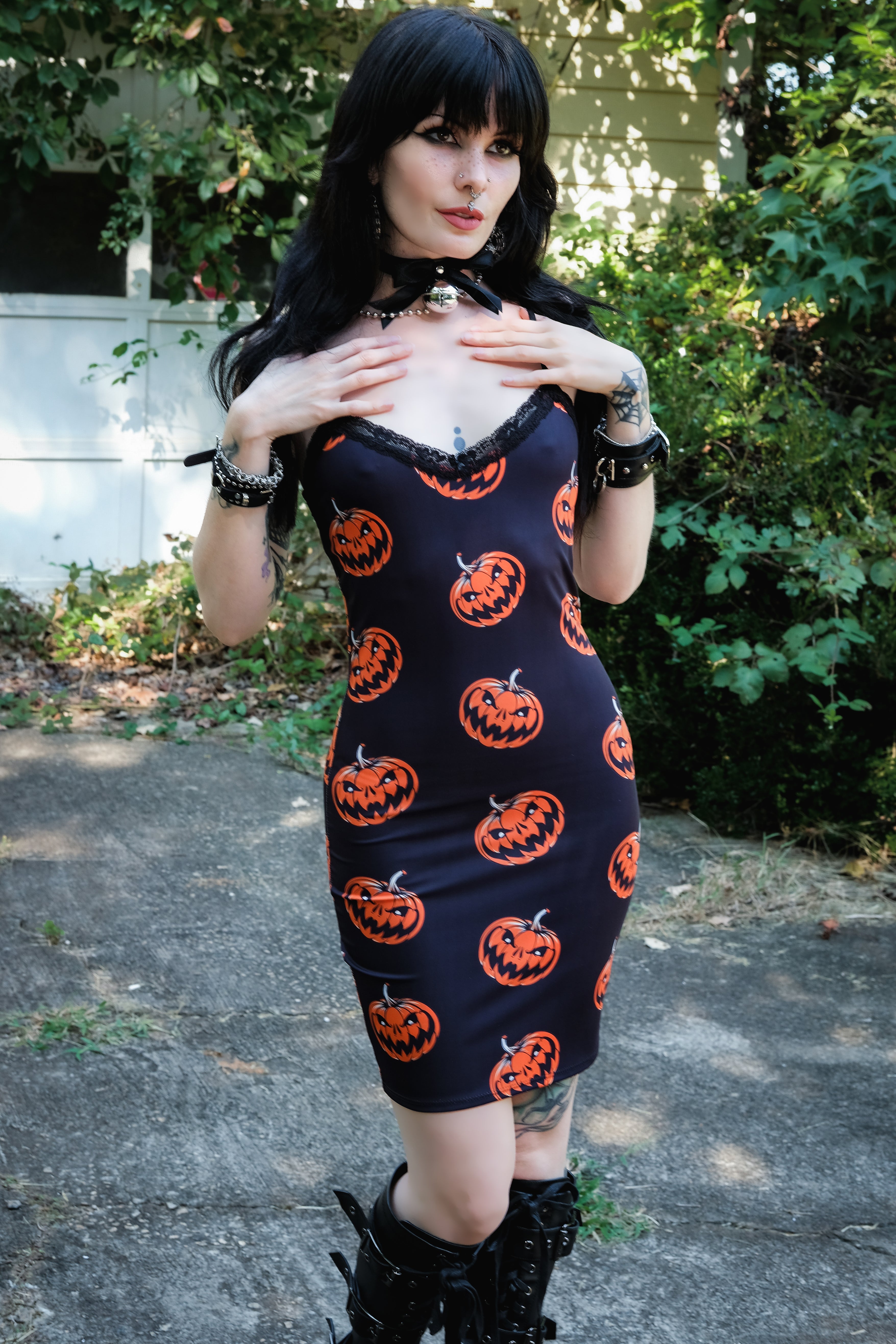 Pumpkins Print Lace Strap Dress, S Pumpkins Print Lace Strap Dress, S