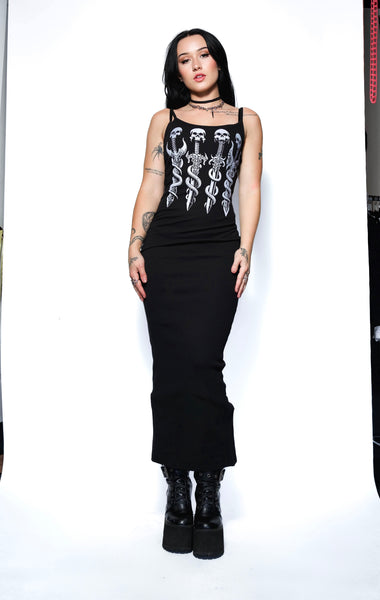 Long Skull Swords Black Maxi Dress