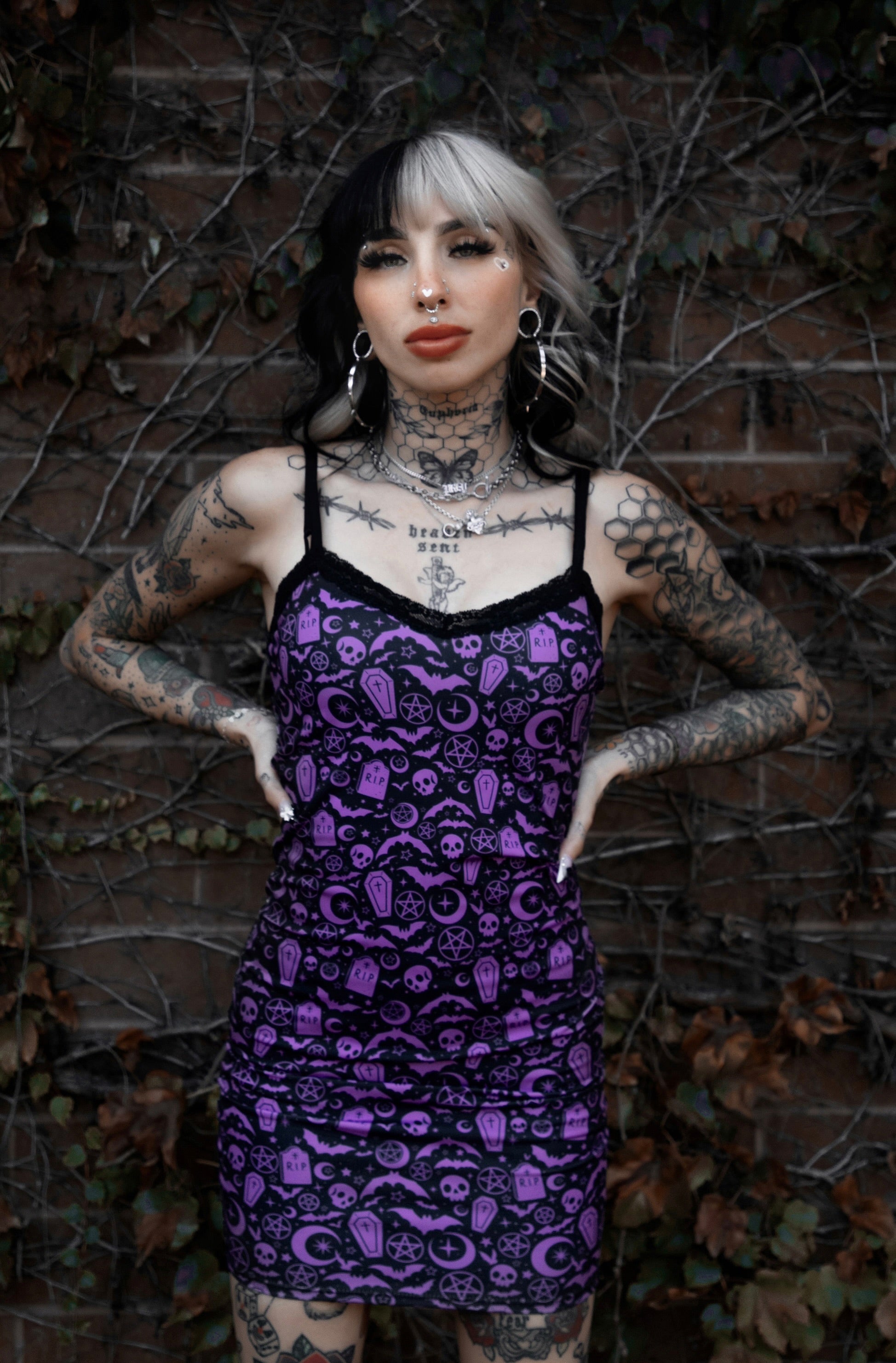 Witchy Print Lace Strap Dress, S Witchy Print Lace Strap Dress, S
