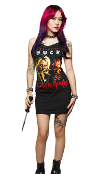 Person wearing a graphic tank top with a knife on a white background