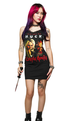 Person wearing a graphic tank top with a knife on a white background