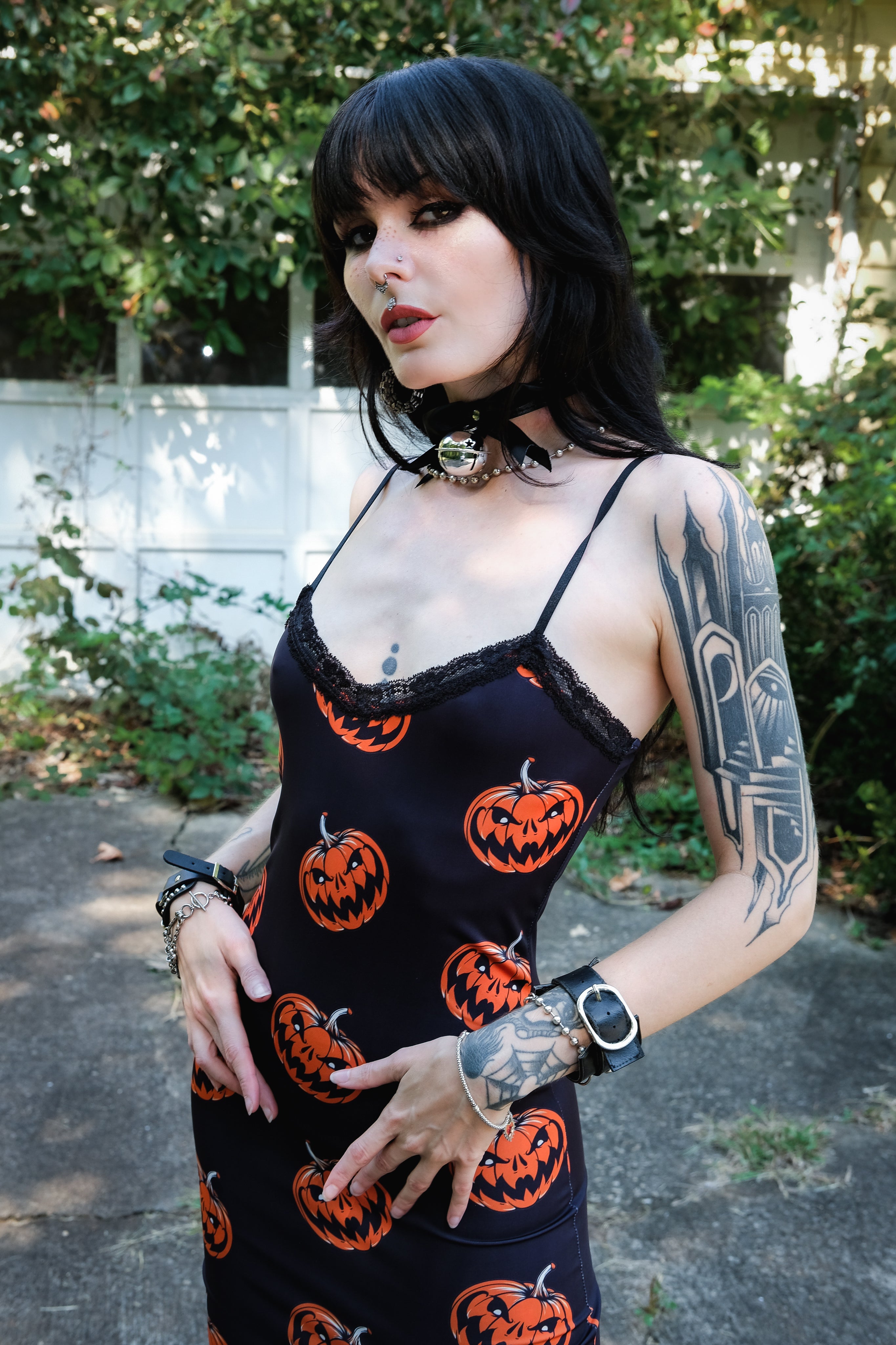 Pumpkins Print Lace Strap Dress, S Pumpkins Print Lace Strap Dress, S