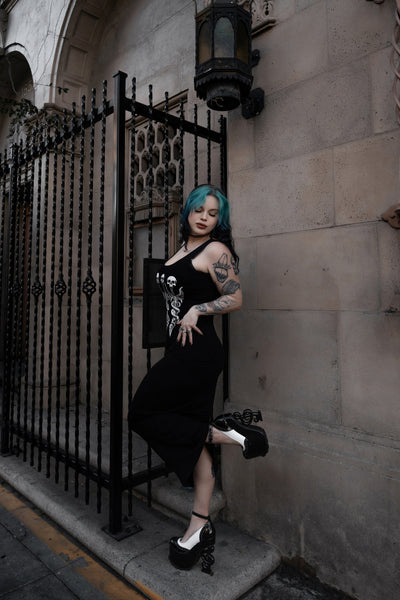 Long Skull Swords Black Maxi Dress
