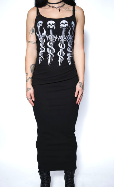 Long Skull Swords Black Maxi Dress
