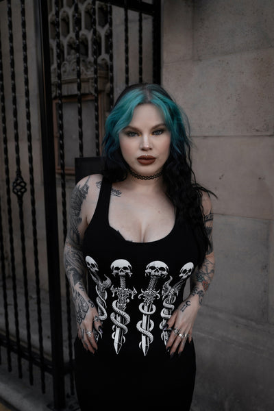 Long Skull Swords Black Maxi Dress
