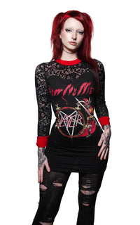 Person wearing a black long-sleeve shirt with red accents and a Slayer logo on a white background