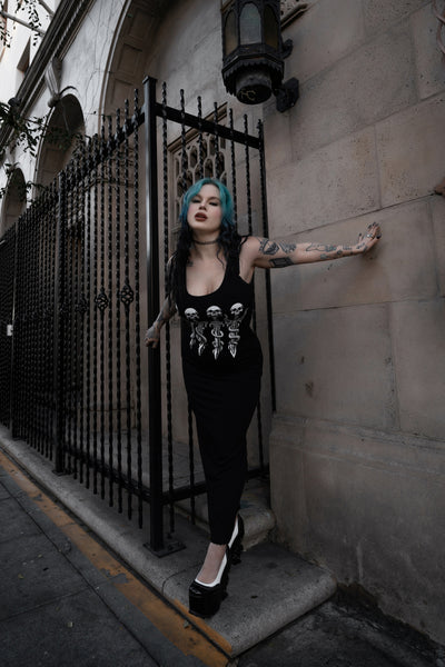 Long Skull Swords Black Maxi Dress