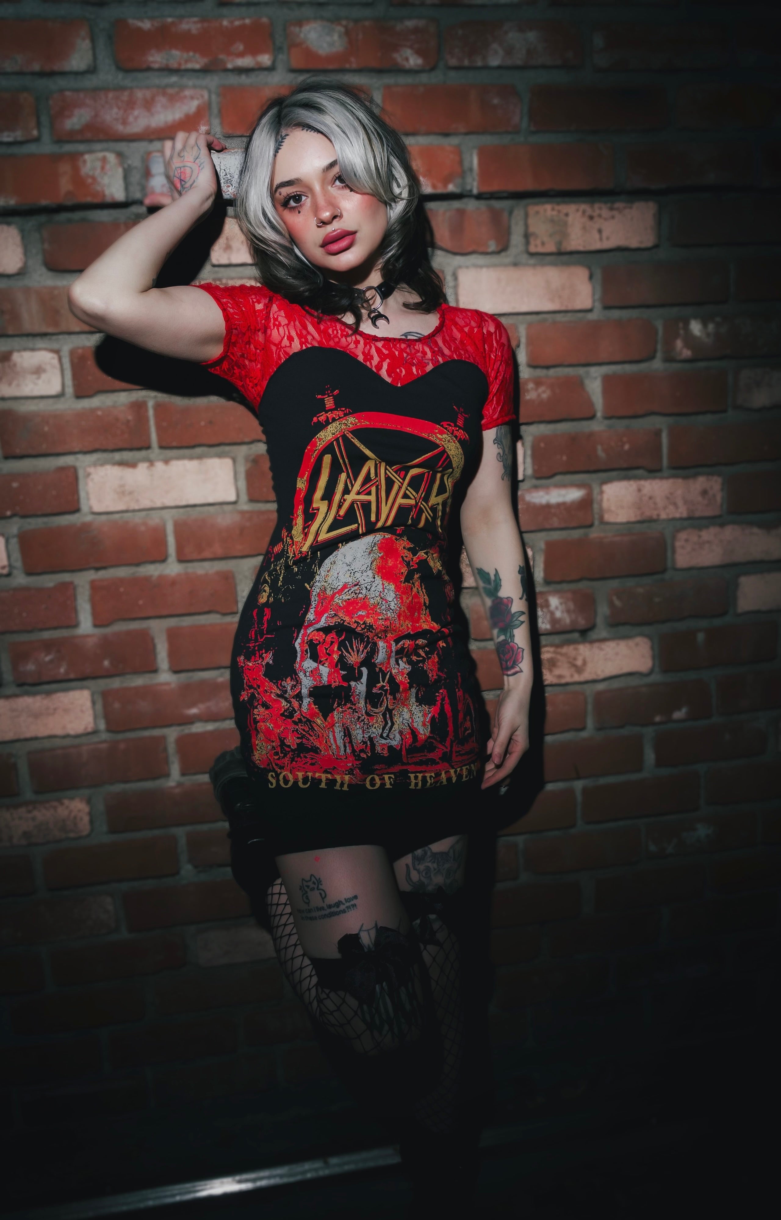 red lace dress with tights Slayer Red Lace Dress