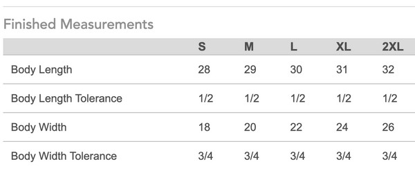 Finished measurements. Small body length:28 Body width 18. Medium Body length: 29 Body Width 20 Large Body Length: 30 Body Width 22. Xlarge Body Length 31 Body Width 24. 2XL Body length 32 Body Width 26.