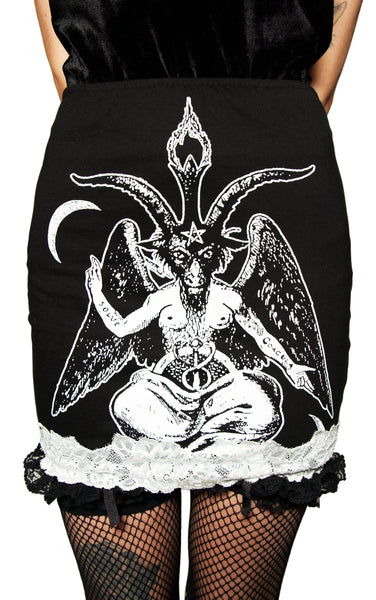Black skirt with white Baphomet design on a plain background