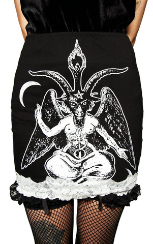 Black skirt with white Baphomet design on a plain background