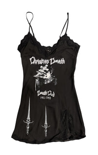 Black tank top with graphic design and text on a white background