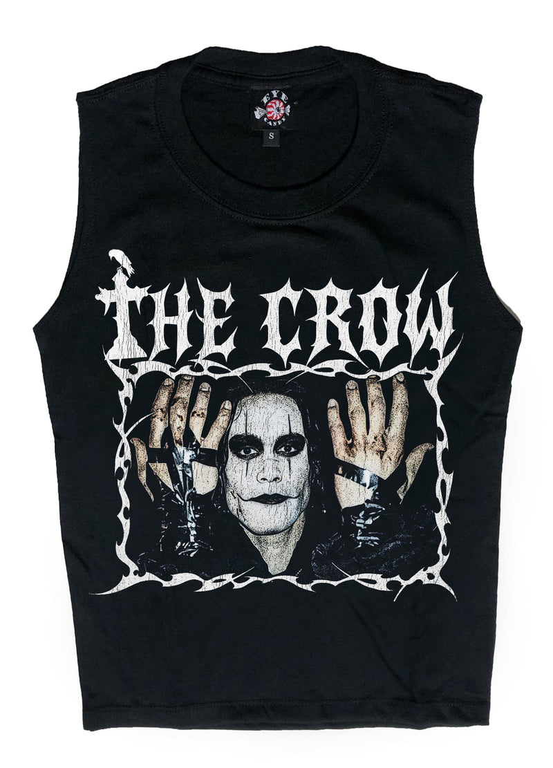 Black sleeveless shirt with 'The Crow' graphic design on a white background