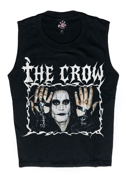 Black sleeveless shirt with 'The Crow' graphic design on a white background