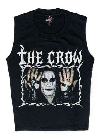 Black sleeveless shirt with 'The Crow' graphic design on a white background