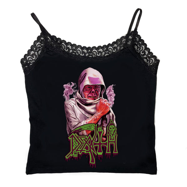 Black lace-trimmed top with graphic design on a white background