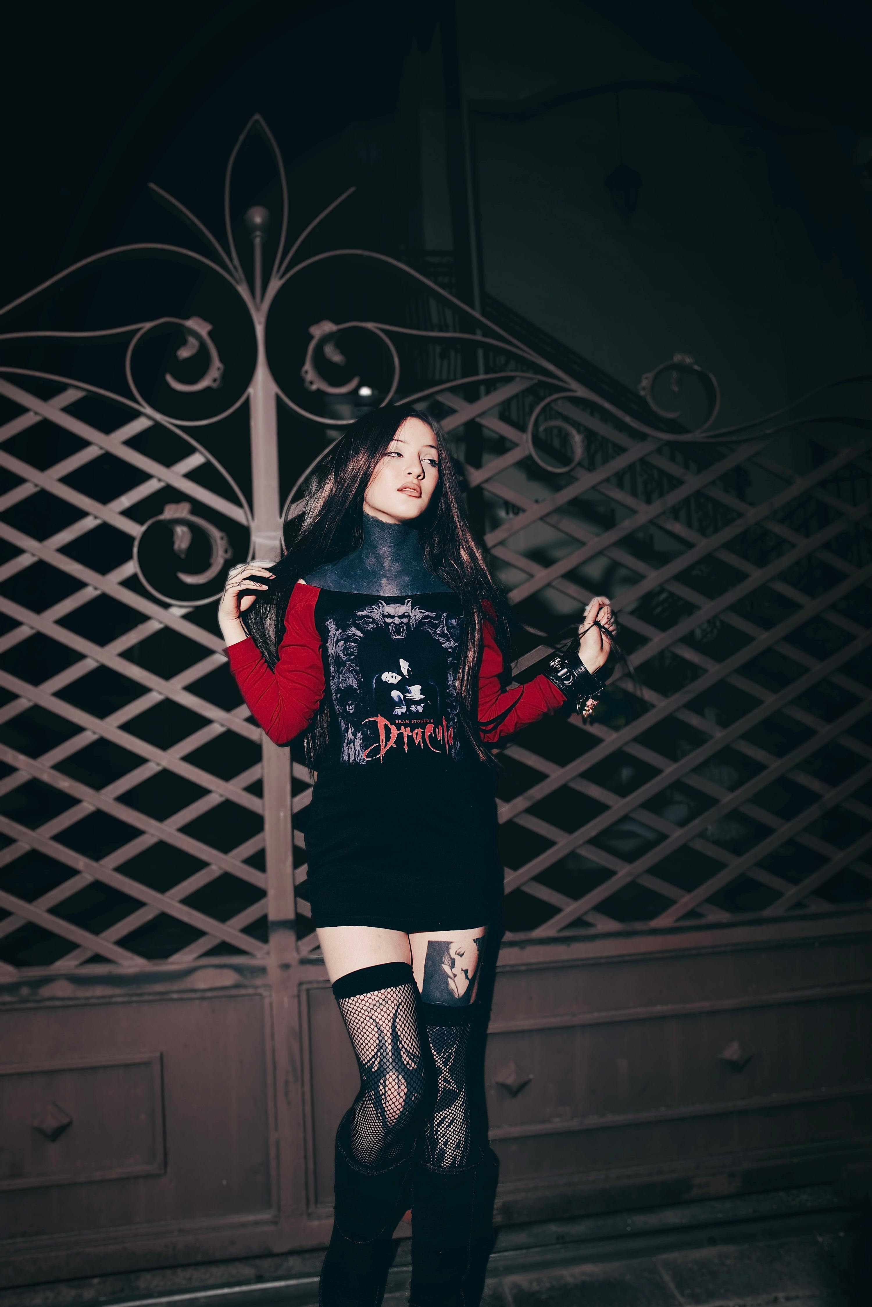 women's dark red and black off the shoulder dress vampire Dracula Off- Shoulder Dress