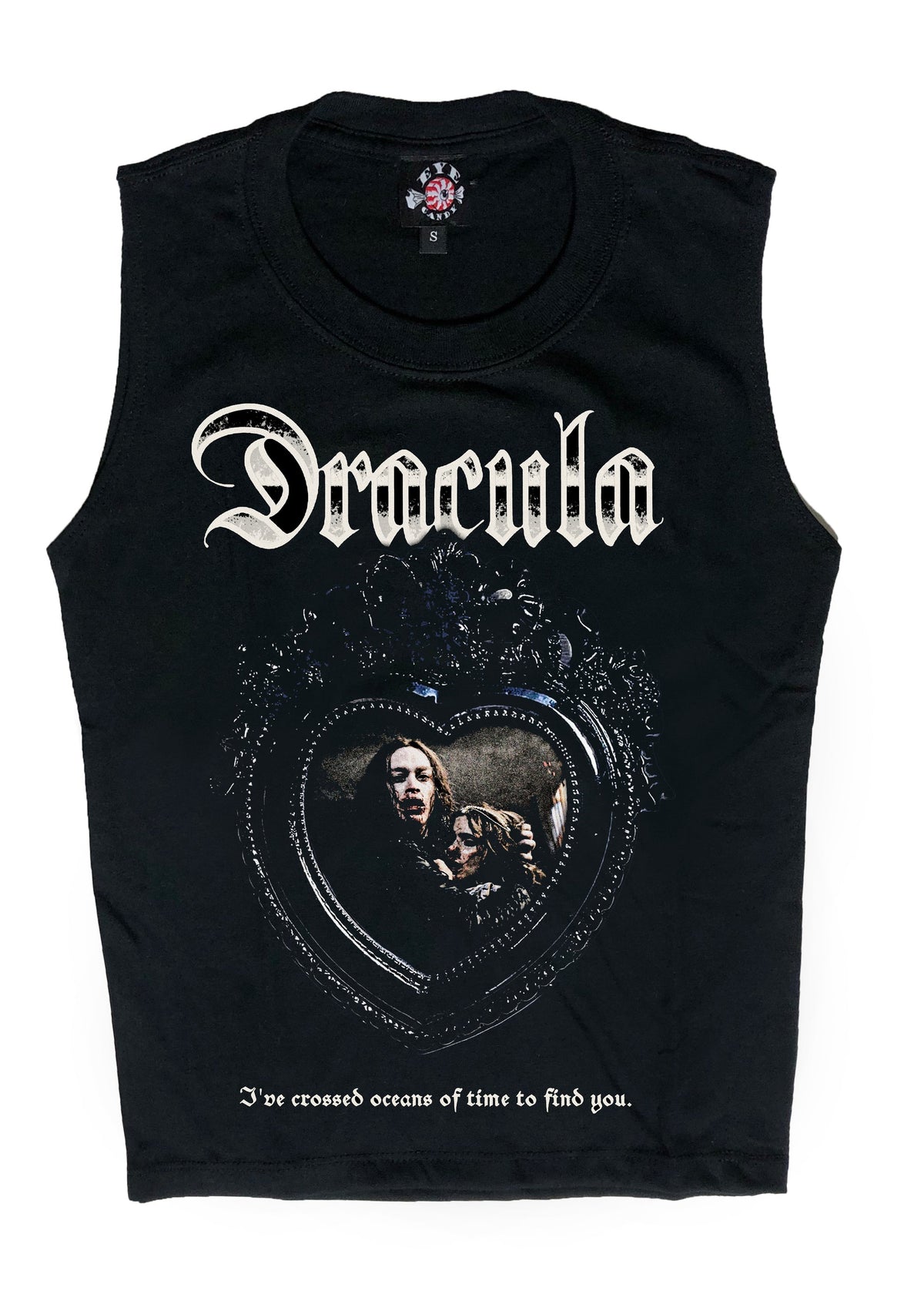 Black sleeveless shirt with 'Dracula' design and text on a white background