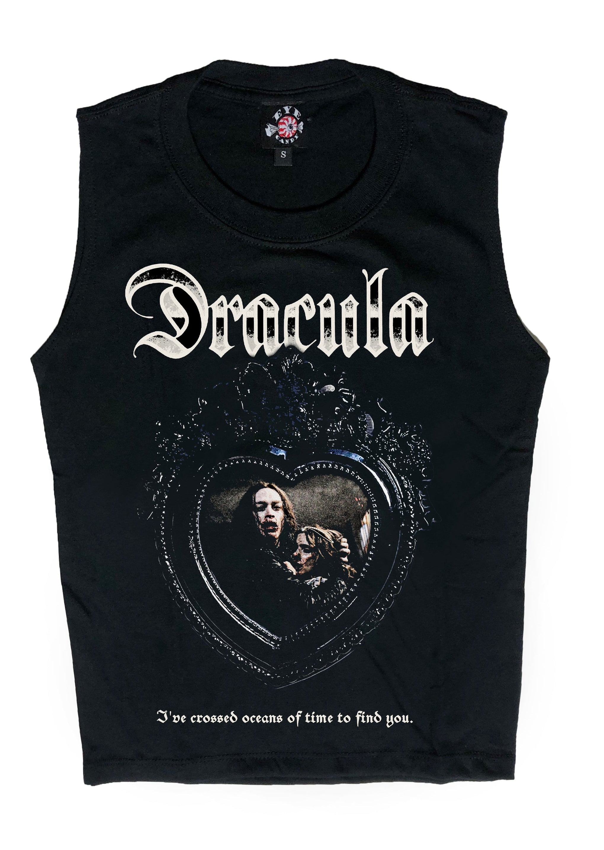 Black sleeveless shirt with 'Dracula' design and text on a white background