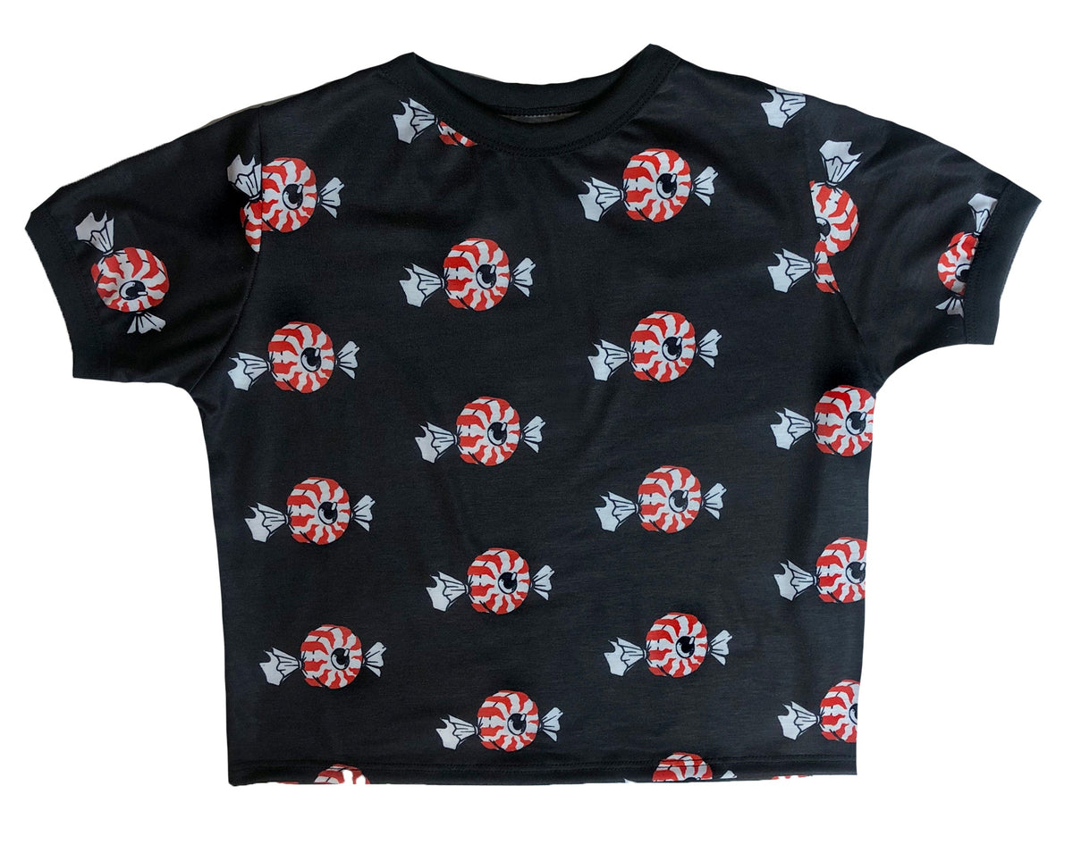Black crop top with candy pattern on a white background
