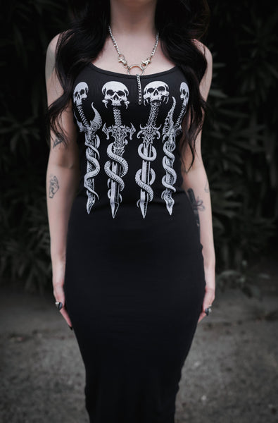 Long Skull Swords Black Maxi Dress