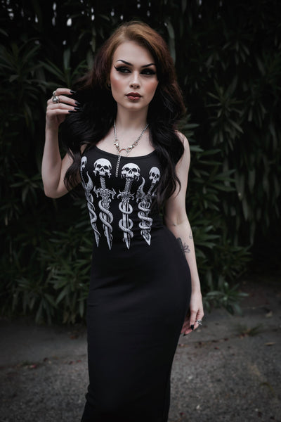 Long Skull Swords Black Maxi Dress