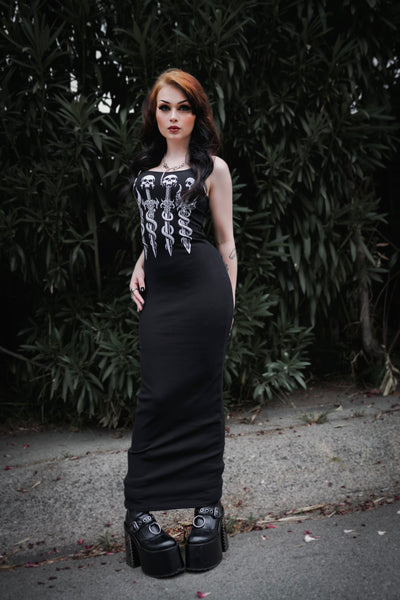 Long Skull Swords Black Maxi Dress