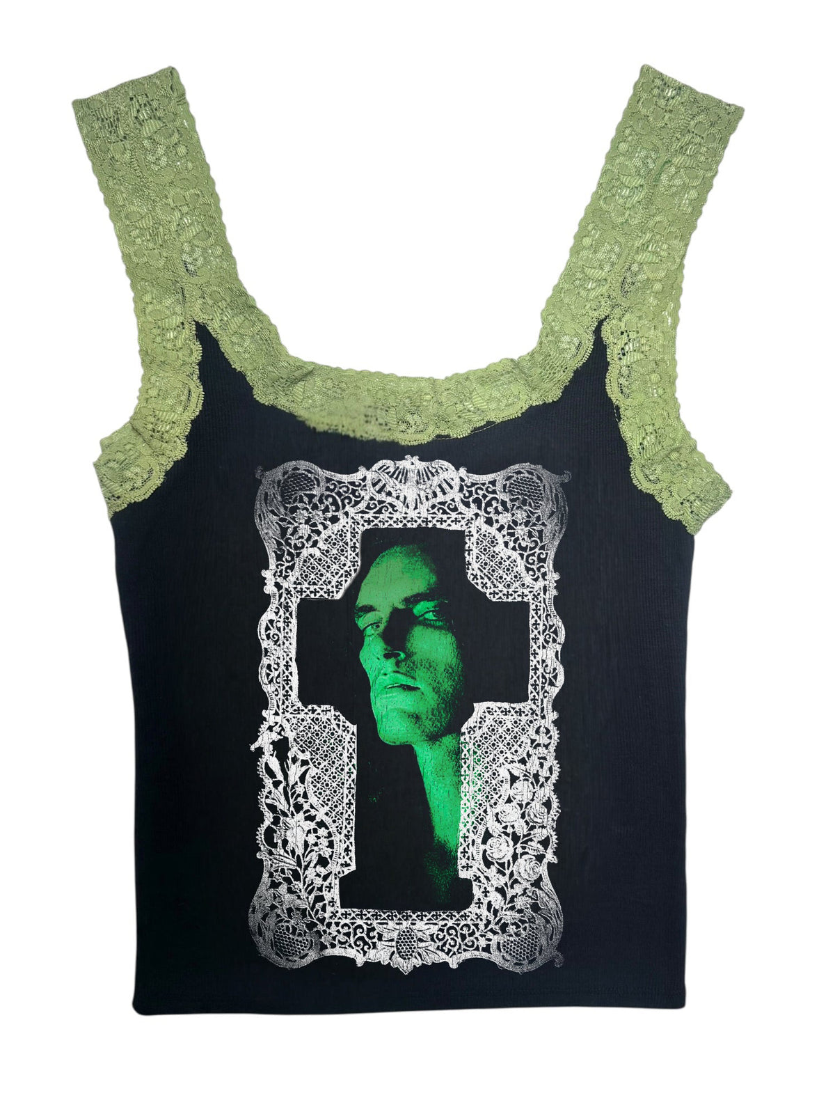 Black tank top with green lace straps featuring a graphic design on a white background