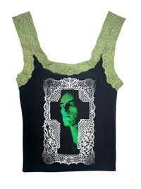 Black tank top with green lace straps featuring a graphic design on a white background