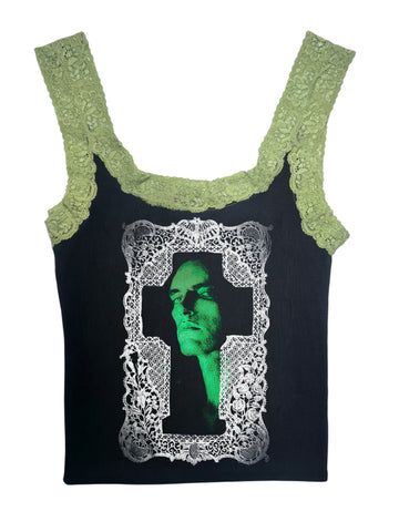 Black tank top with green lace straps featuring a graphic design on a white background