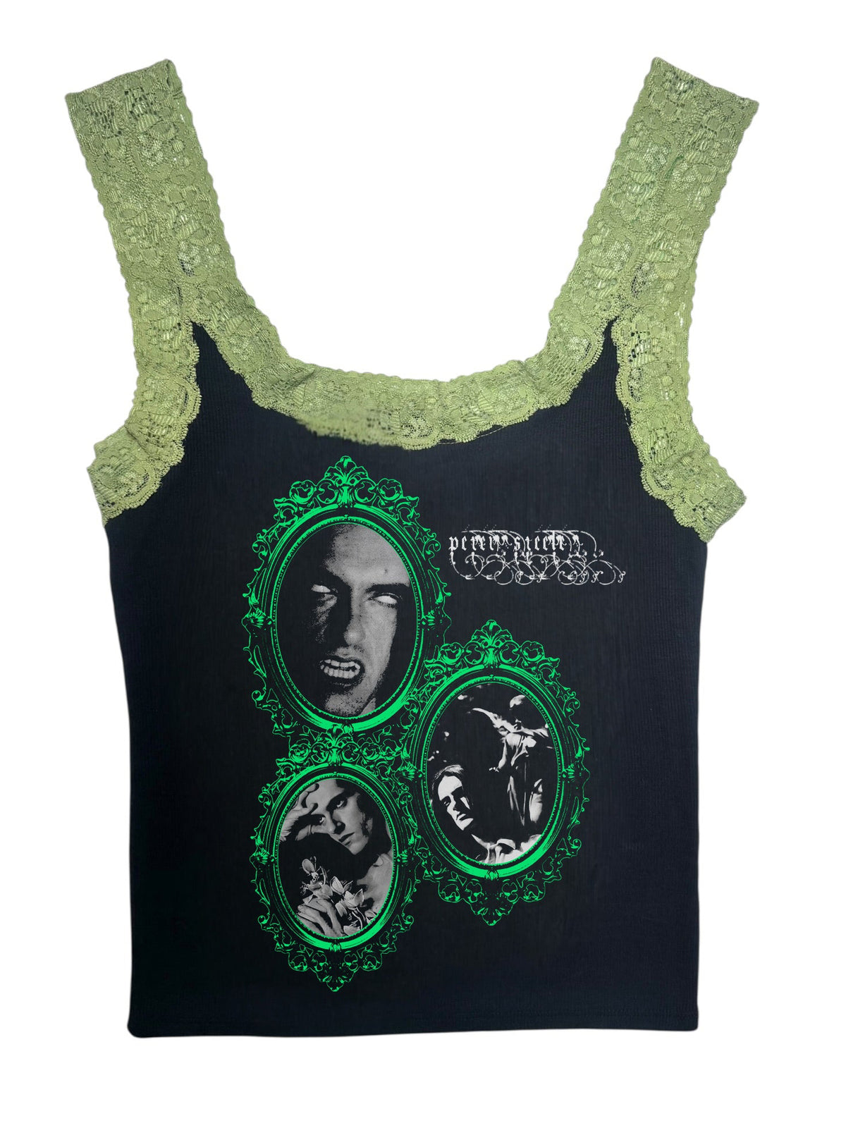 Black tank top with green lace straps and graphic design on a white background