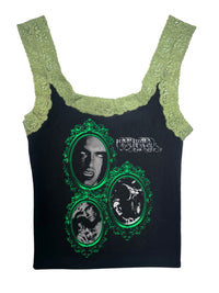 Black tank top with green lace straps and graphic design on a white background