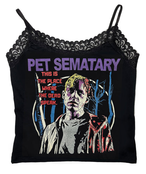 Black lace-trimmed tank top with 'Pet Sematary' graphic design on a white background