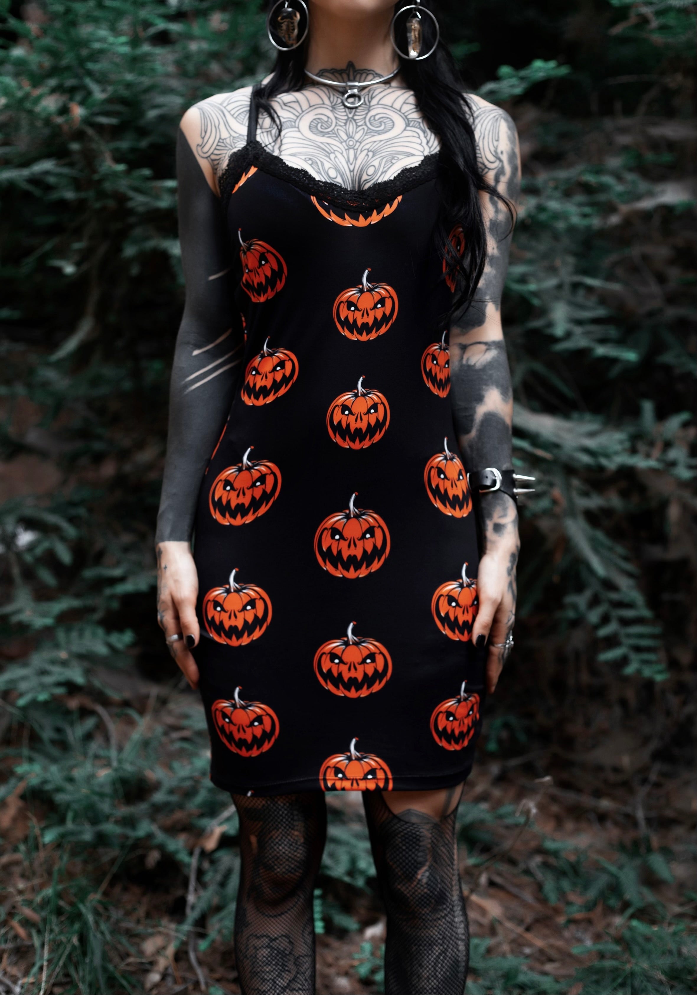 Pumpkins Print Lace Strap Dress, S Pumpkins Print Lace Strap Dress, S