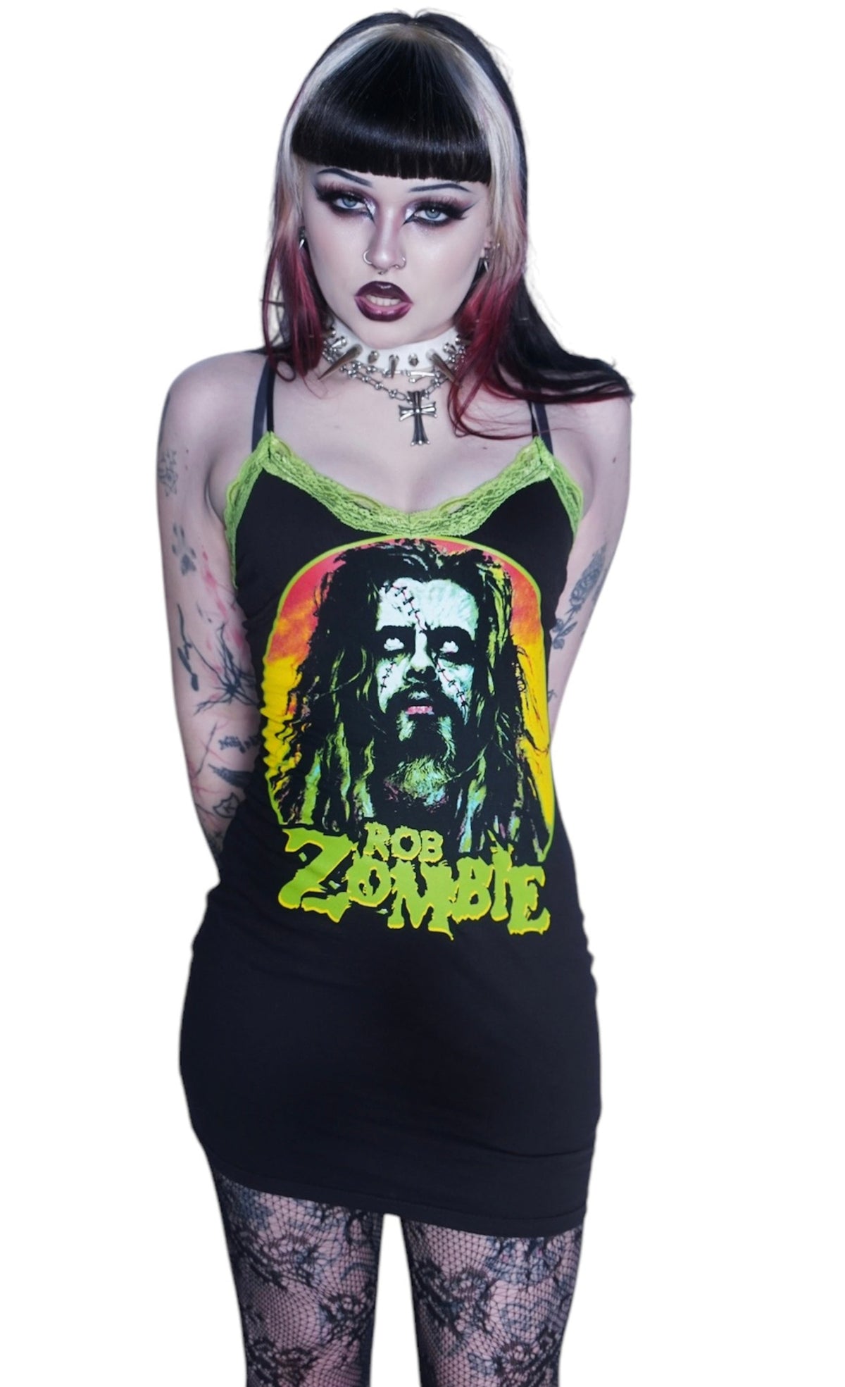 Person wearing a black tank top with a graphic design and 'Bob Zombie' text on a white background