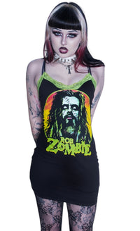 Person wearing a black tank top with a graphic design and 'Bob Zombie' text on a white background