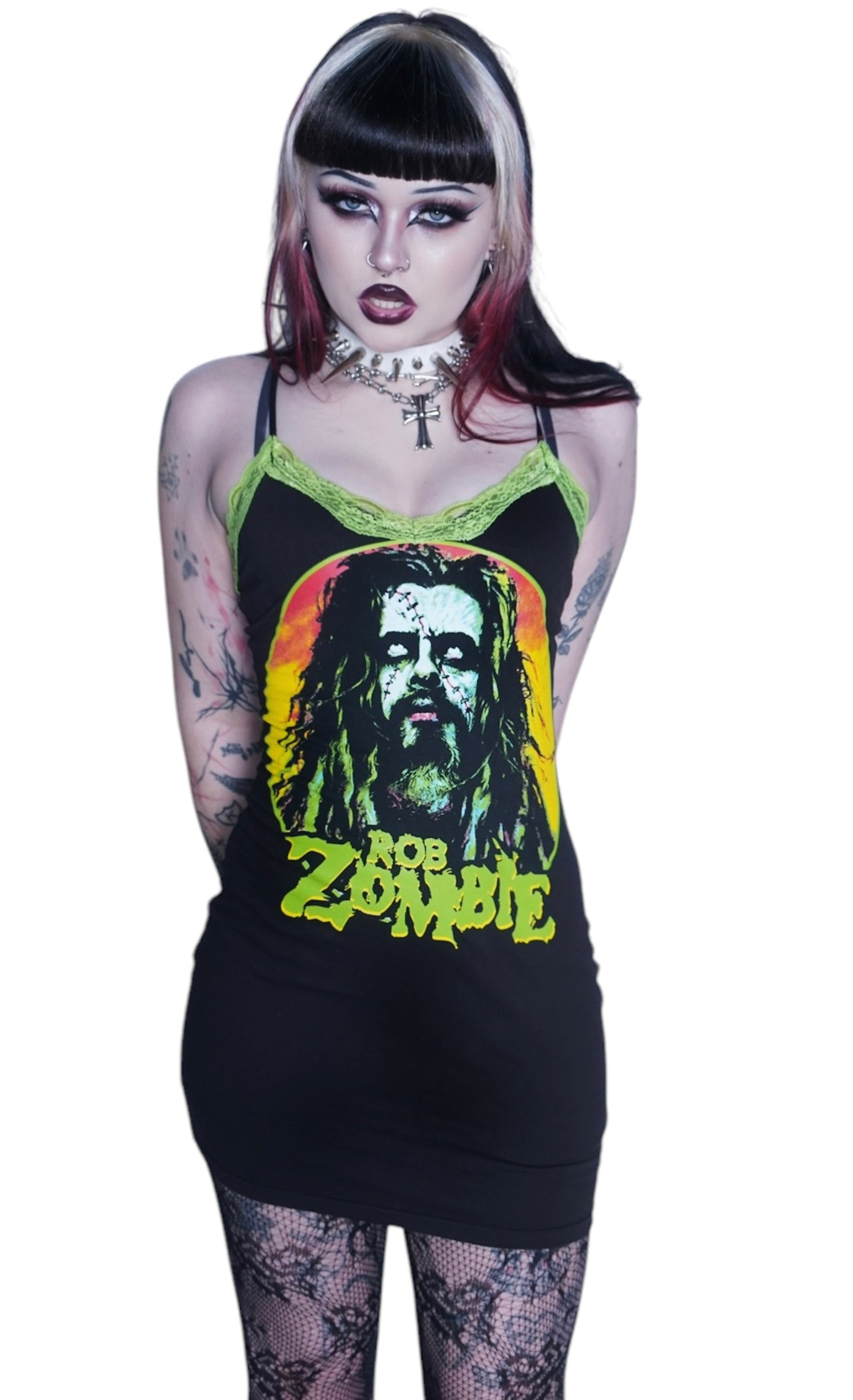 Person wearing a black tank top with a graphic design and 'Bob Zombie' text on a white background