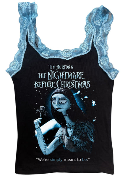 Black tank top with 'The Nightmare Before Christmas' design featuring Jack and Sally.