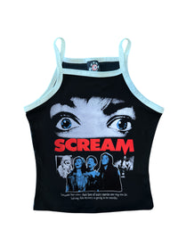 Black tank top with 'Scream' graphic design on a white background