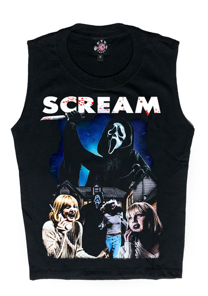 Black sleeveless shirt with 'Scream' graphic design featuring a ghostface mask and characters.