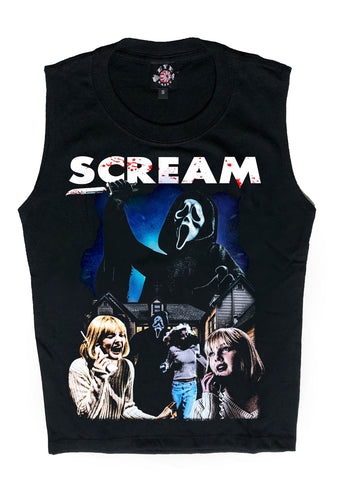 Black sleeveless shirt with 'Scream' graphic design featuring a ghostface mask and characters.
