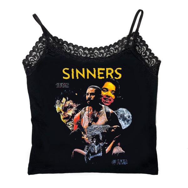Black lace-trimmed top with graphic design and 'SINNERS' text on a white background