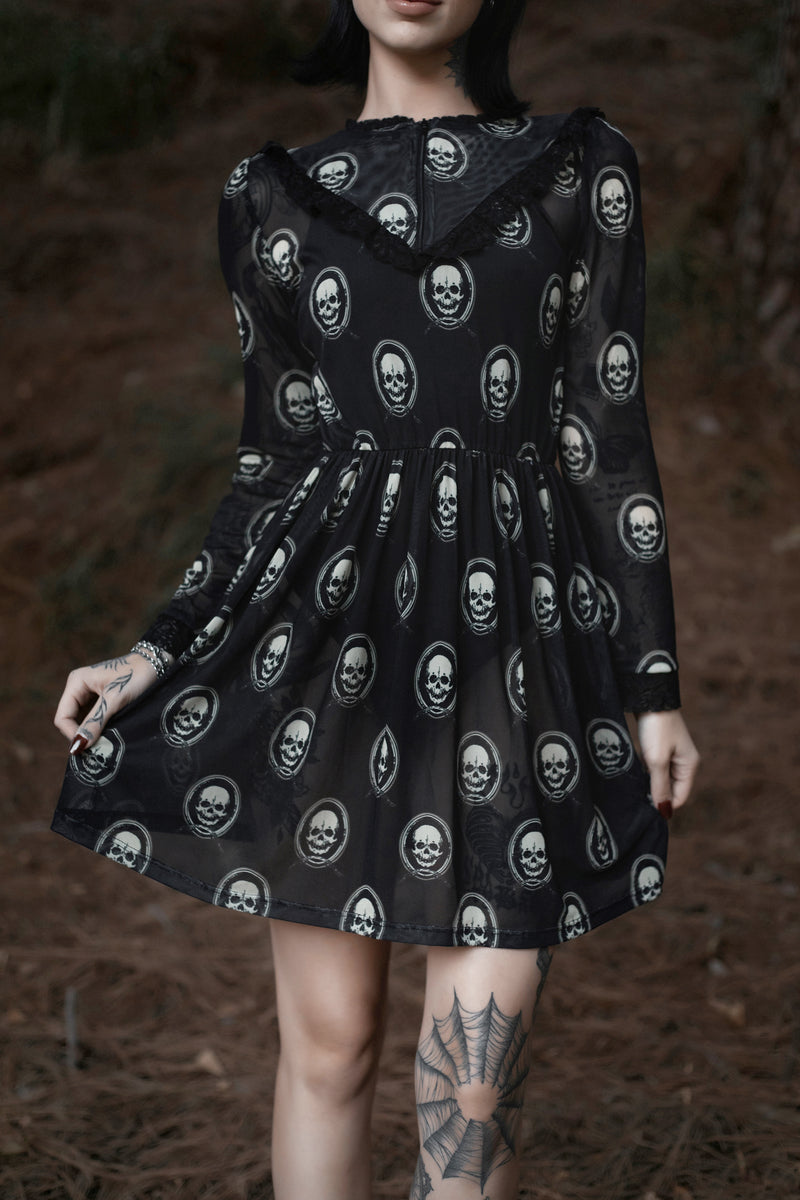 Skull Print Victorian Lace Dress, M