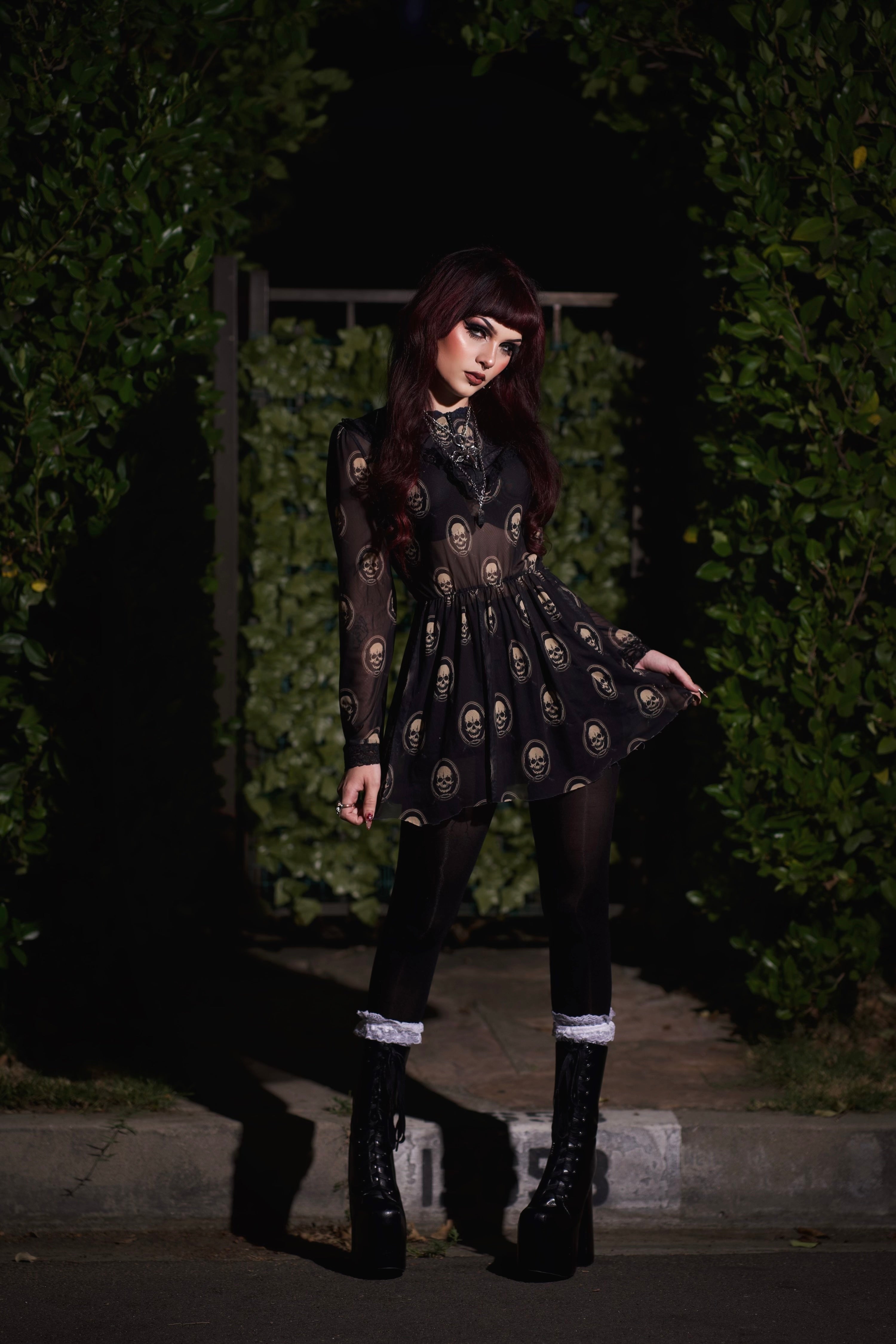 Skull Print Victorian Lace Dress, S Skull Print Victorian Lace Dress, S