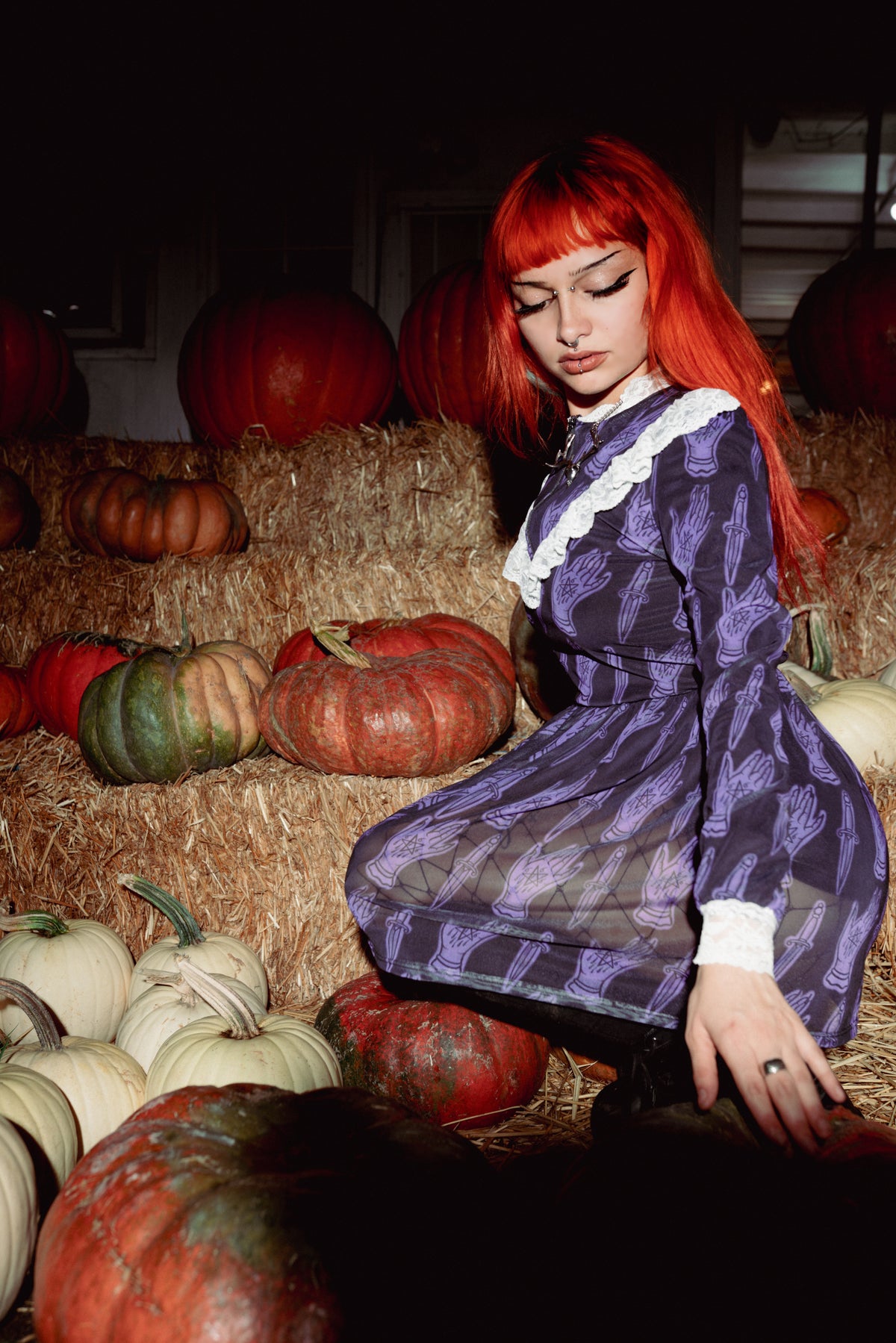666 Pentagram Print Victorian Lace Dress