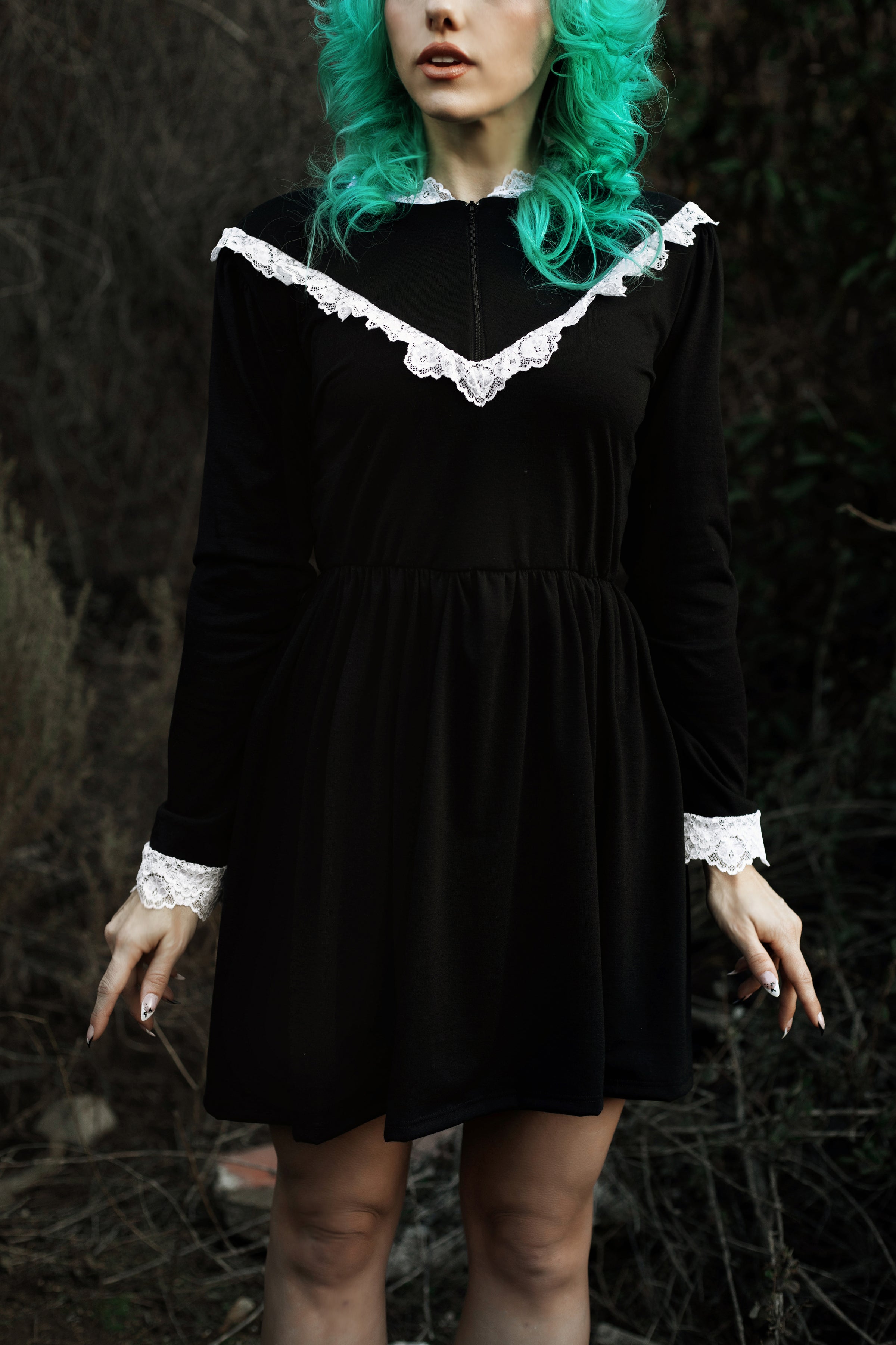 Black dress with white lace trim sale